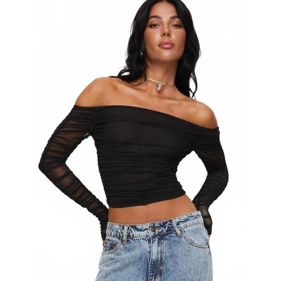 Princess Polly Tops - NWT Princess Polly Hartford Black Off the Shoulder Sheer Ruched Crop Top- Size 6